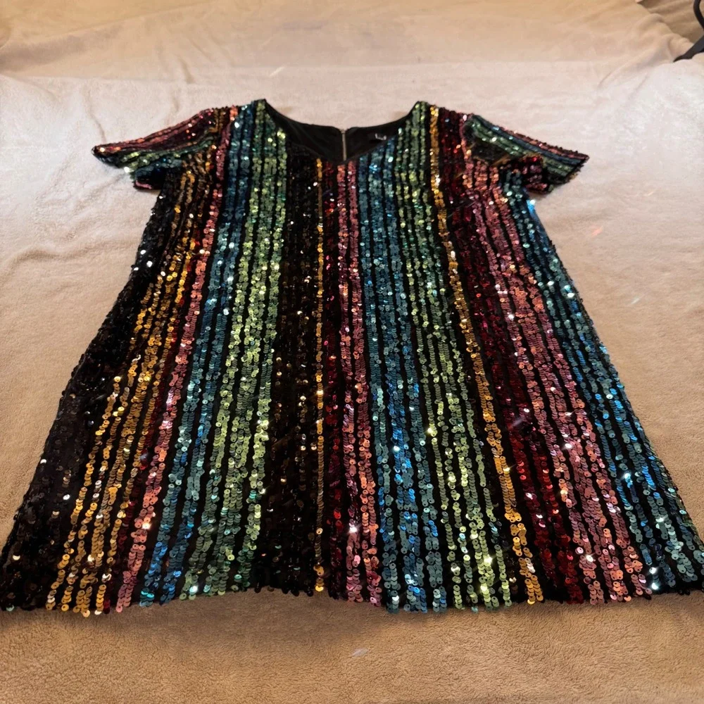 Chic Disco Rainbow Glam Sequin Mini Dress Party NYE Cocktail Stripe Retro Sz L